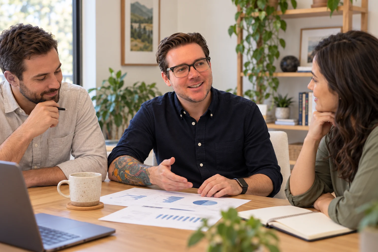 Illustrative scene of the founder explaining a financial report in a small group discussion